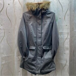 Women’s Gray Utility Parka Jacket with Faux-Fur Trim